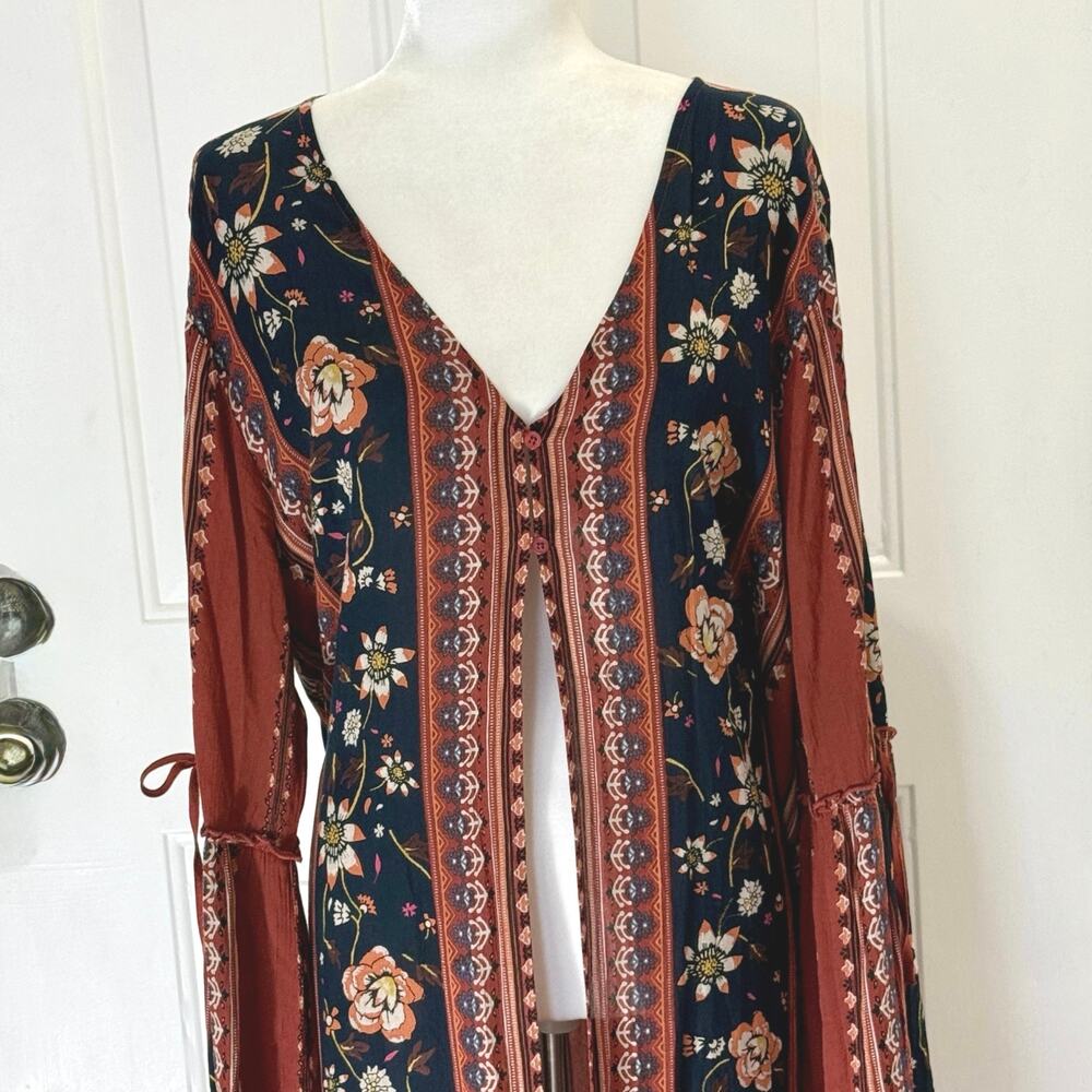 Band of Gypsies women’s M/L boho hippie duster kimono color blue & rust floral - Picture 3 of 8